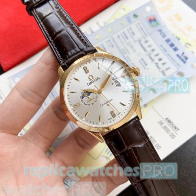 Great Reviews Style Clone Omega Constellation Silver Face Brown Leather Strap Men's Watch